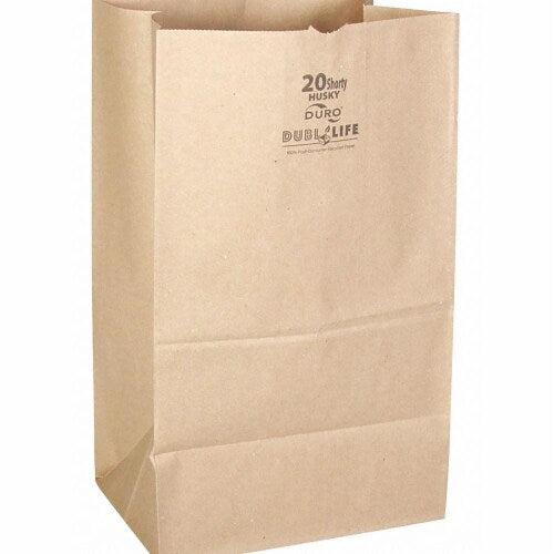 These heavyweight 8-1/4in x 5.93in x 13.62in Duro Bag® Dubl Life® Shorty Husky SOS 50# 20lb Kraft Paper Bags with gusseted flat bottom are biodegradable, reusable and recyclable. 400 per bundle.