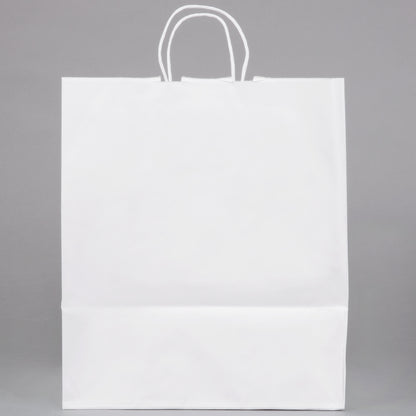 These Eco-friendly 14in x 10in x 15in Duro Bag® 70#  White Super Royal Paper Shopping Bags with gusseted flat bottom and paper twist handles are sold 200 per bundle.