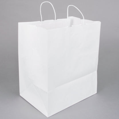 These Eco-friendly 14in x 10in x 15in Duro Bag® 70#  White Super Royal Paper Shopping Bags with gusseted flat bottom and paper twist handles are sold 200 per bundle.