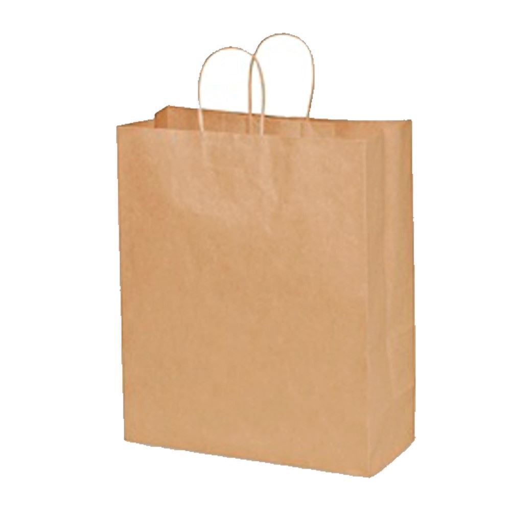 These popular 13in x 6in x 15.75in Duro Bag® 60#  Kraft Traveler Paper Shopping Bags with gusseted flat bottom and paper twist handles are BPI® compostable and FSC® certified. Sold 250 per bundle. 