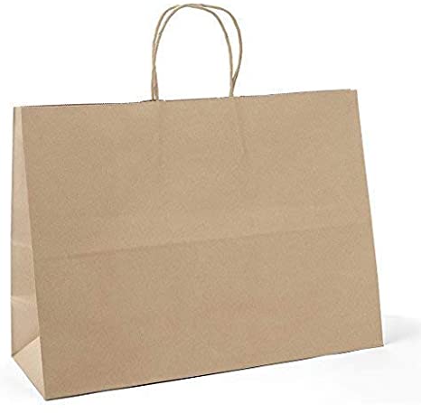 These extra wide 16in x 6in x 12in Dubl Life® 65#  Kraft Tote Paper Bags with gusseted flat bottom and paper twist handles are BPI® and FSC® certified. Sold 250 per bundle. 
