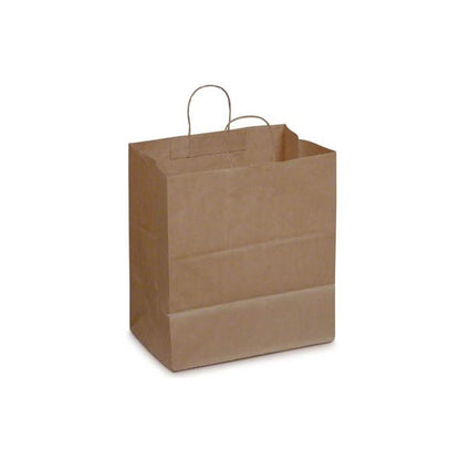 These popular 14in x 10in x 15.75in Duro Bag® Dubl Life® 70#  Brown Super Royal Paper Bags with gusseted flat bottom and paper twist handles are BPI® and FSC® certified. Sold 200 per bundle.