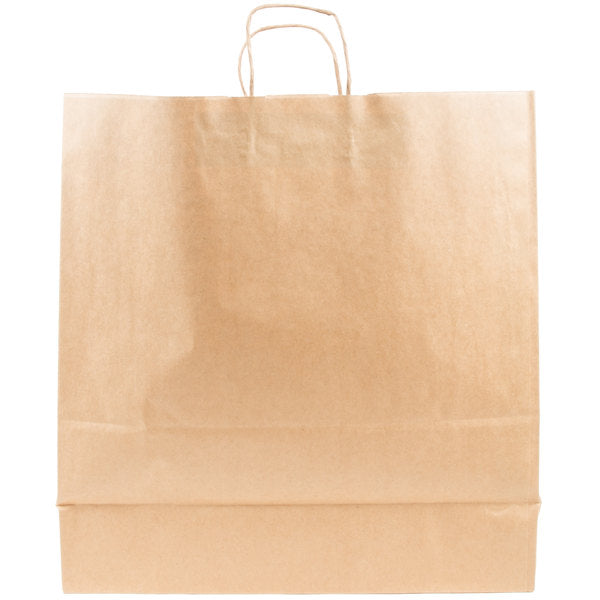 These popular 18in x 7in x 18.75in Duro Bag® Dubl Life® 70# Brown Cargo Paper Bags with gusseted flat bottom and paper twist handles are BPI® compostable  and FSC® certified. Sold 250 per bundle.