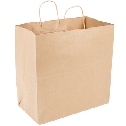 hese popular 13in x 7in x 13in Dubl Life® 65#  Kraft Jr. Mart Brown Paper Bags with gusseted flat bottom and paper twist handles are BPI® compostable certified and FSC® certified. Sold 250 per bundle. 