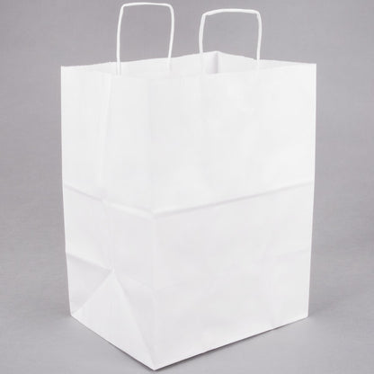 These popular 12in x 9in x 15.75in Duro Bag® 65# White Regal Paper Shopping Bags with gusseted flat bottom and paper twist handles are BPI® compostable and SFI® sourcing certified. Sold 200 per bundle.