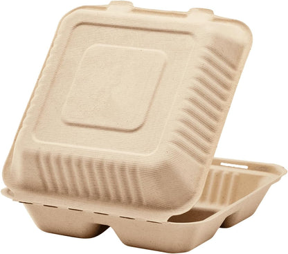 Emerald Bagasse Clamshell Food Containers, 8-in x 8-in x-3-in, 3 Compartment (200ct)