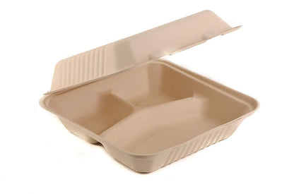 Reduce landfill with these compostable 3-compartment 8-in x 8-in x 3-in Bagasse Hinged Clamshell Food Containers constructed with reclaimed sugarcane.