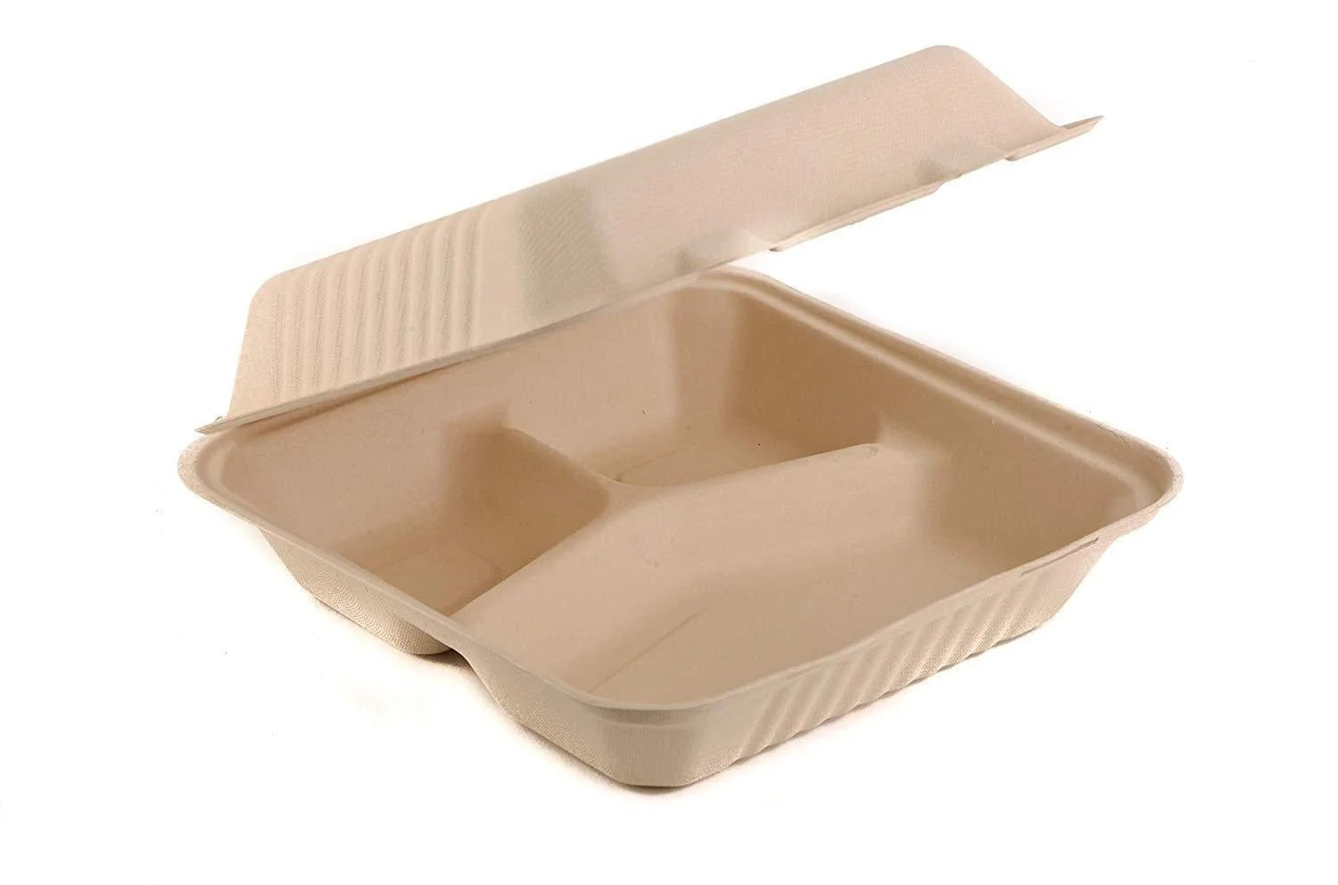 Reduce landfill with these compostable 3-compartment 9-in 9-in x 3-in Bagasse Hinged Clamshell Food Containers constructed with reclaimed sugarcane.