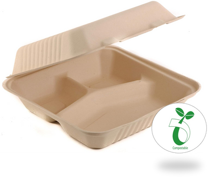 Reduce landfill with these compostable 3-compartment 9-in 9-in x 3-in Bagasse Hinged Clamshell Food Containers constructed with reclaimed sugarcane.