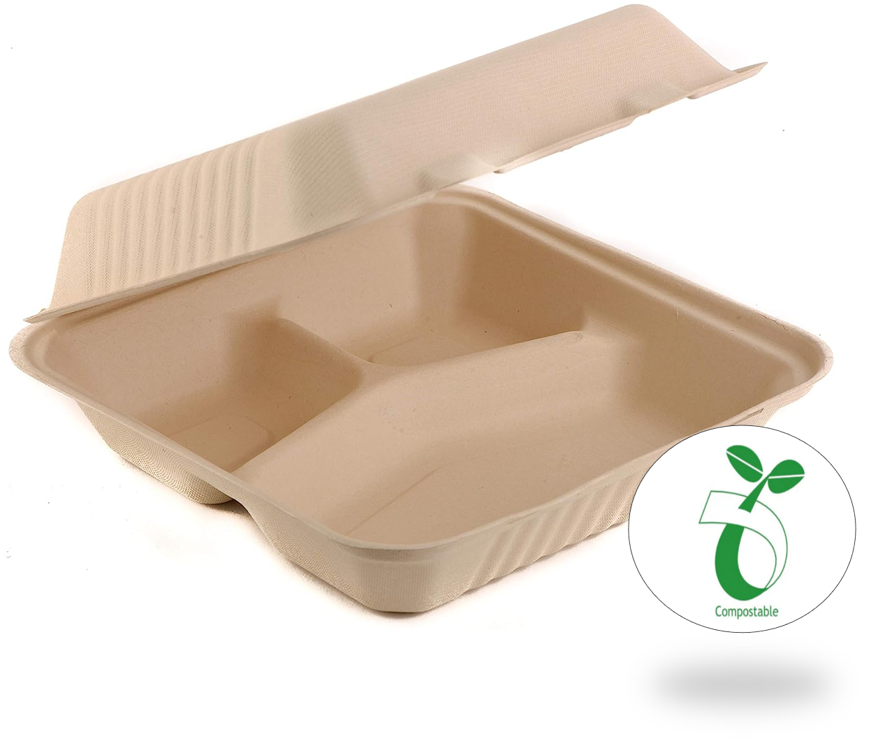 Reduce landfill with these compostable 3-compartment 8-in x 8-in x 3-in Bagasse Hinged Clamshell Food Containers constructed with reclaimed sugarcane.