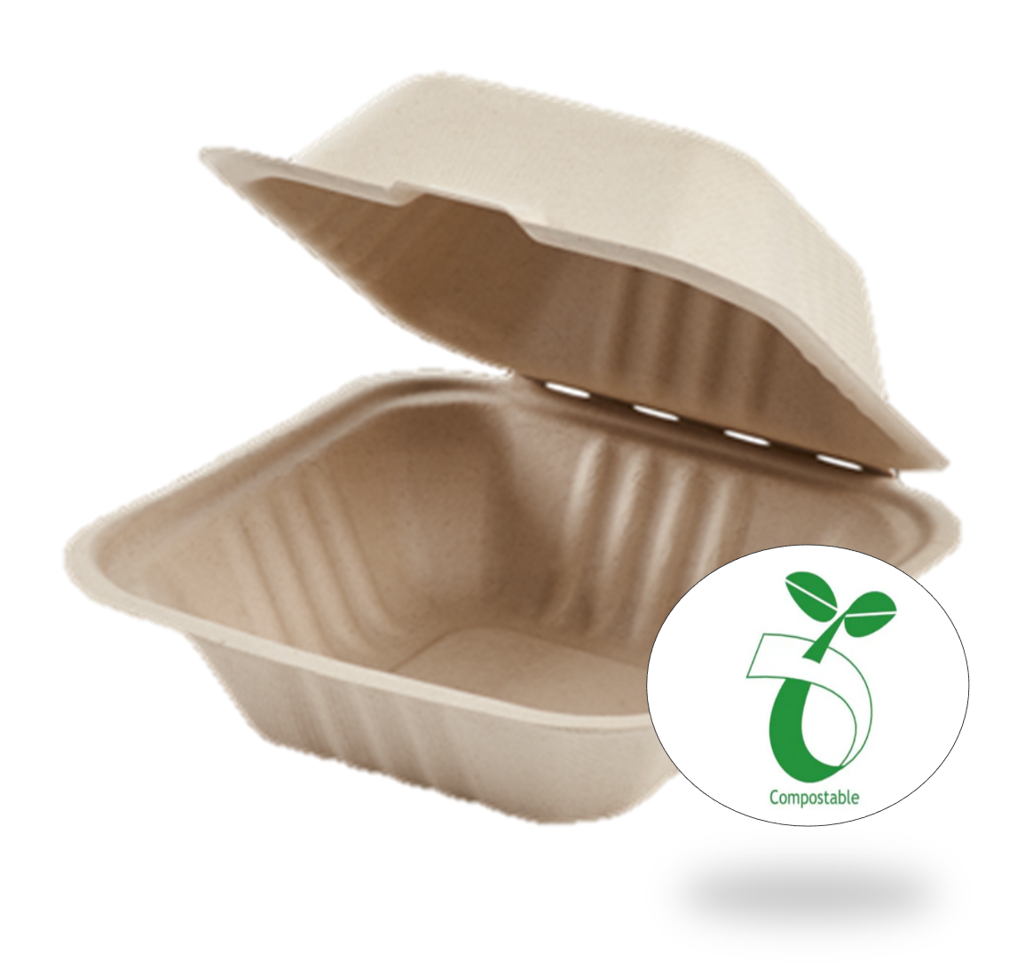 Reduce landfill with these compostable 1-compartment 6-in x 6-in x 3-in Bagasse Hinged Clamshell Food Containers constructed with reclaimed sugarcane. 
