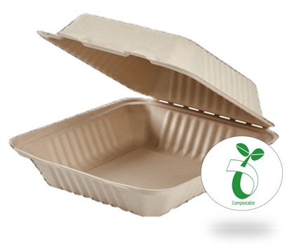 Reduce landfill with these compostable 1-compartment 9-in x 9-in x 3-in Bagasse Hinged Clamshell Food Containers constructed with reclaimed sugarcane. 