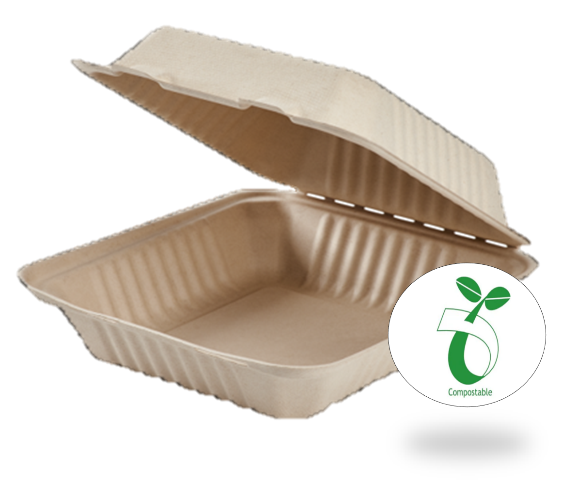 Reduce landfill with these compostable 1-compartment 8-in x 8-in x 3-in Bagasse Hinged Clamshell Food Containers constructed with reclaimed sugarcane.