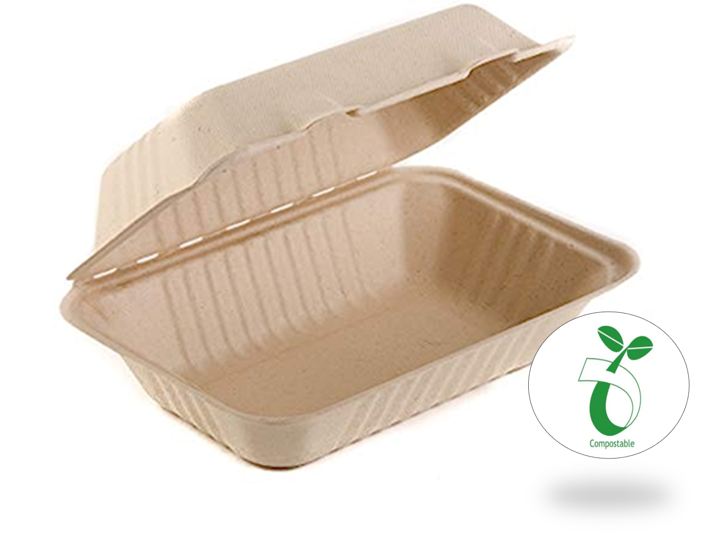 Reduce landfill with these compostable 3-compartment 9-in x 6-in x 3-in Bagasse Hinged Clamshell Food Containers constructed with reclaimed sugarcane. 