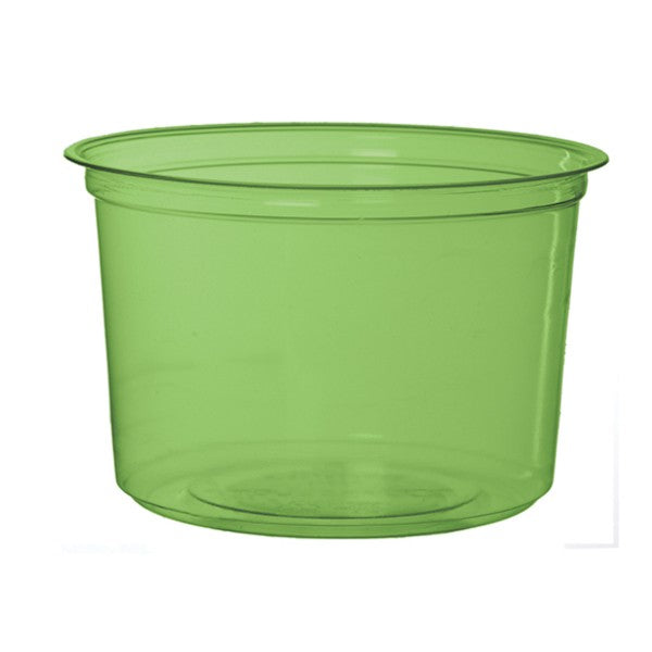 16oz round PLA deli container from the Veridian range, for salad bars, cold salads, deli items or fruit. The everyday pint tub for potato salad, cold noodles and fruit, crystal clear with a green compostable tint.
