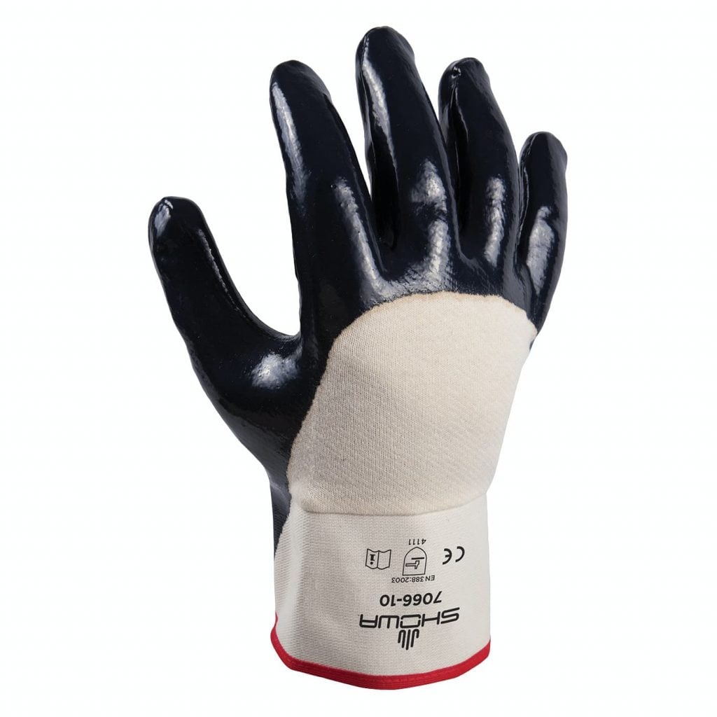 SHOWA® 7066 Nitrile Palm-Coated Grip Glove, Rubberized Safety Cuff, White/Navy