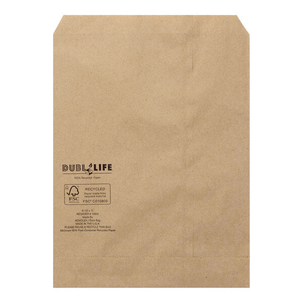 Ideal for newsprint, calendars, magazines, gift cards and more, these 15in x 18in Duro Bag® Dubl Life® 30# Kraft Paper Merchandise Bags are BPI® compostable and FSC® certified. Sold 500 per case. 