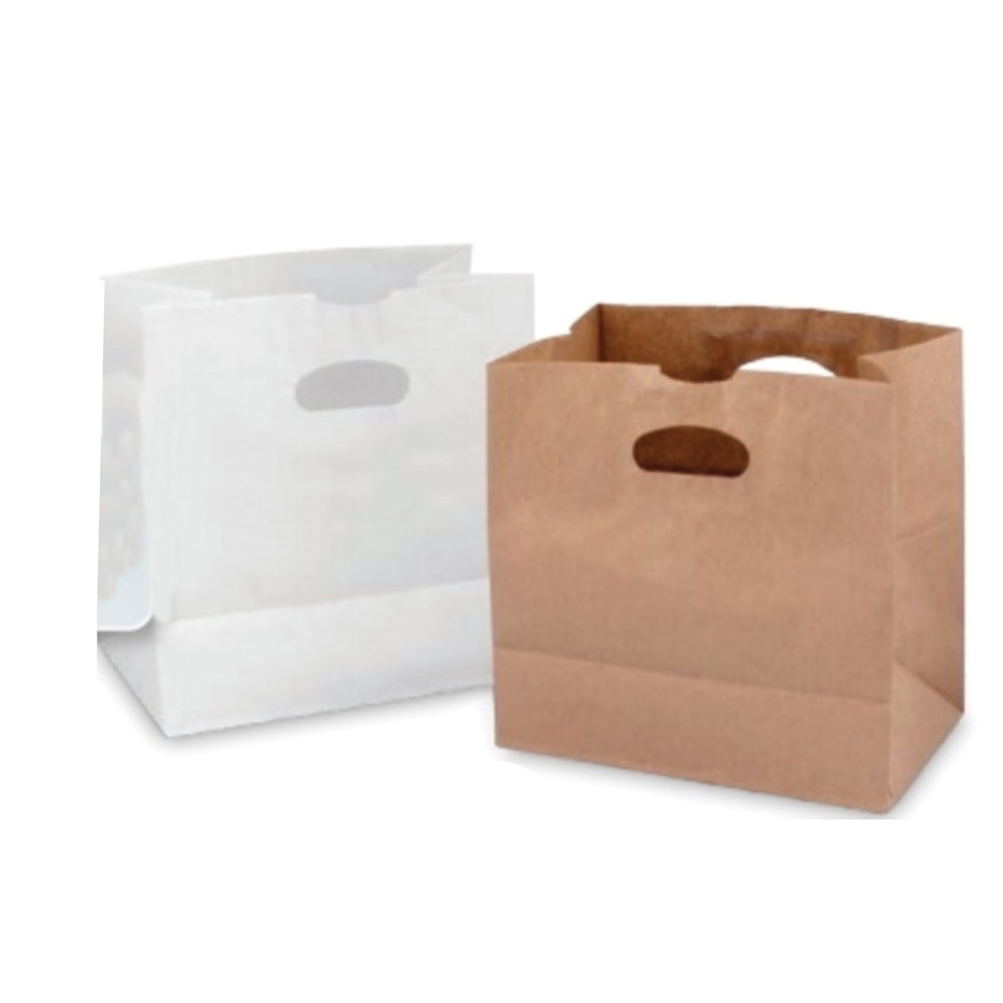 These FSC® and SFI®  certified heavy-duty, self opening 11in x 6in x 11in Dubl Life® 40# natural Kraft paper shopping bags feature a die-cut handle with built-in locking system and a large rectangular flat bottom. Sold 500 per bundle.