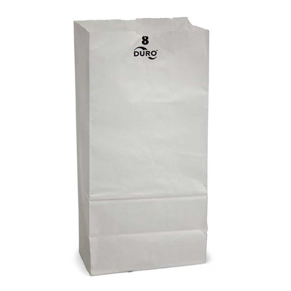   These 6.13in x 4.13in x 12.44in Duro White 35# 8-lb Recycled Paper Shopping Bags with gusseted flat bottom are durable, biodegradable, reusable & 100% recyclable. 500 per bundle.