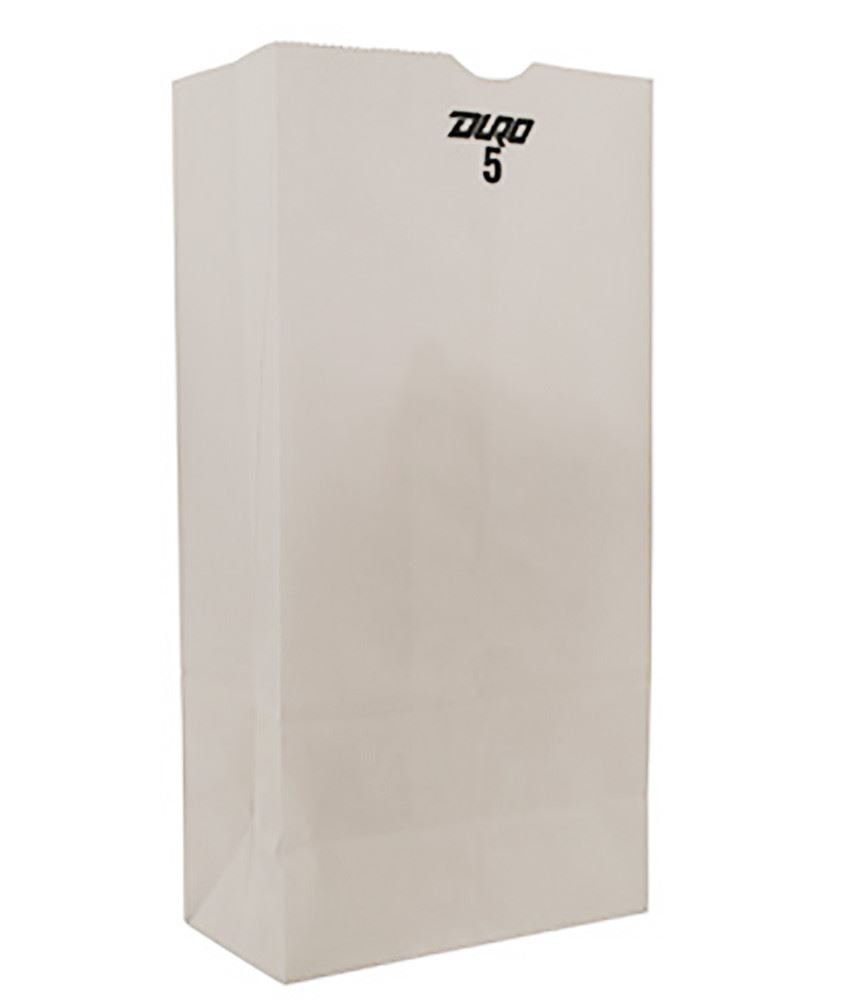 These 5.25 x 3.43in x 10.93in size Duro White 35# 5-lb Recycled Paper Shopping Bags with gusseted flat bottom are durable, biodegradable, reusable and 100% recyclable. 500 per bundle.