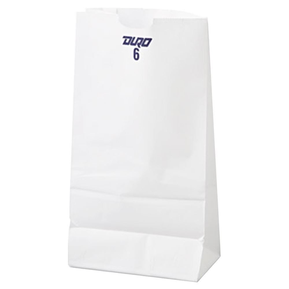 These 6in x 3-5/8in x 11-1/16in Duro White 35# 6-lb Recycled Paper Shopping Bags with gusseted flat bottom are durable, biodegradable, reusable & 100% recyclable. 500 per bundle.