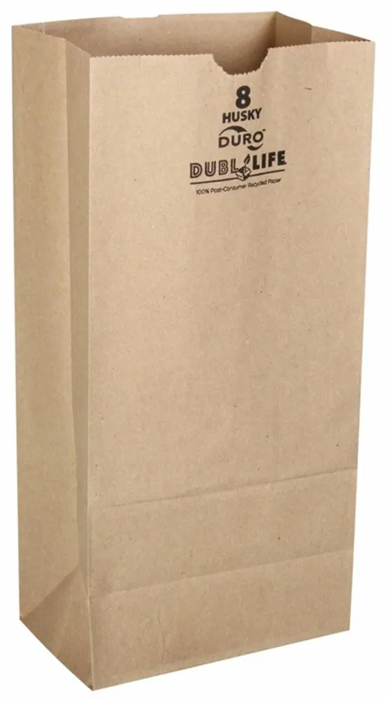 The perfect plastic-free, recycled shopping bag for environmentally-conscience restaurants, take-out businesses or grocery stores.  These  6.12 x 4.12 x 12.43 Dubl Life® Husky SOS 50# 8lb Kraft Paper Bags with gusseted flat bottom are durable, biodegradable, reusable and 100% recyclable. 500 per bundle.