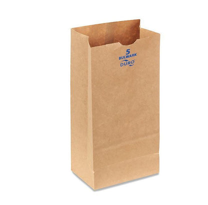 These BPI® and SFI® certified 5.25 x 3.43 x 10.93 gusseted Kraft Bulwark SOS paper grocery bags with self-opening  thumb notches are perfect for high-traffic environments. Sold 400 per bundle. 