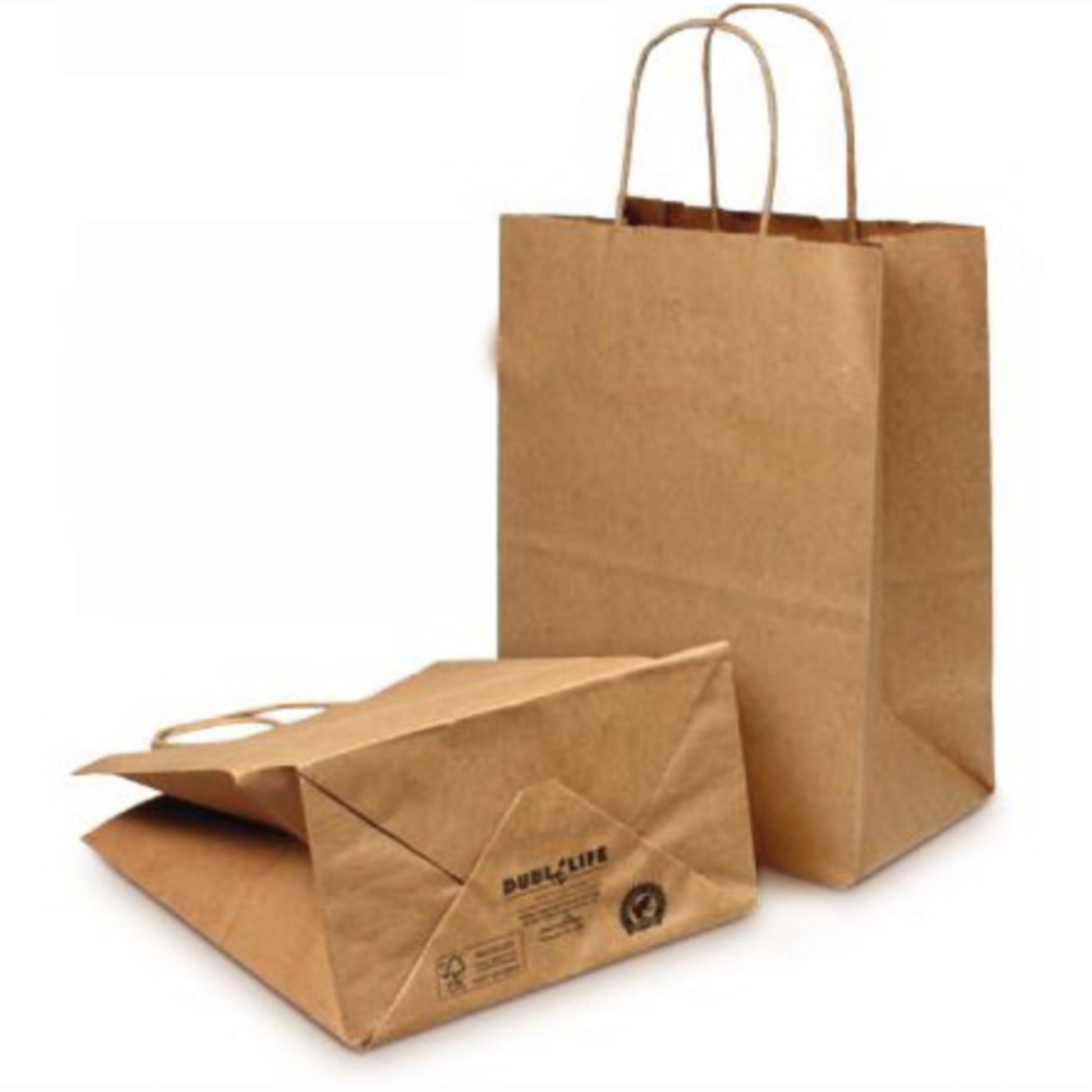 These popular 8in x 4.5in x 10.25in Dubl Life® 60#  Kraft Tempo Paper Bags with gusseted flat bottom and paper twist handles are BPI® and FSC® certified. Sold 250 per bundle. Free shipping available. 