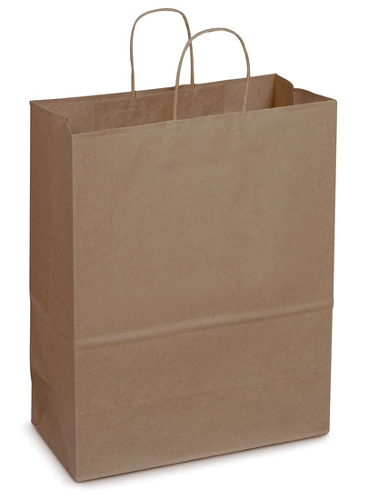 These popular 13in x 7in x 17in Dubl Life® 65#  Kraft Mart Paper Bags with gusseted flat bottom and paper twist handles are BPI® and FSC® certified. Sold 250 per bundle.