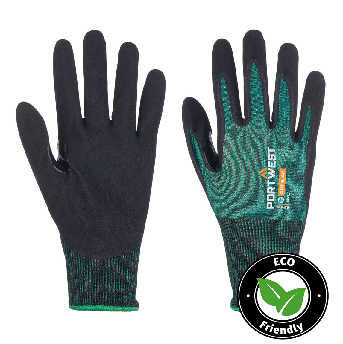 Portwest® Planet AP15-SG LR18 Micro Foam Nitrile Coated 18-gauge Cut Level A2 Work Gloves with Touchscreen Function are constructed from recycled P.E.T. These touchscreen compatible cut level gloves are breathable and produces a low carbon footprint.