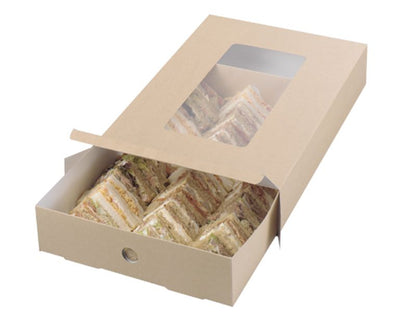 Vegware™ large size (17.7" x 12.2" x 3.2")  kraft platter boxes feature sustainable paperboard and a generous clear window that's fully laminated with plant-based PLA. 
