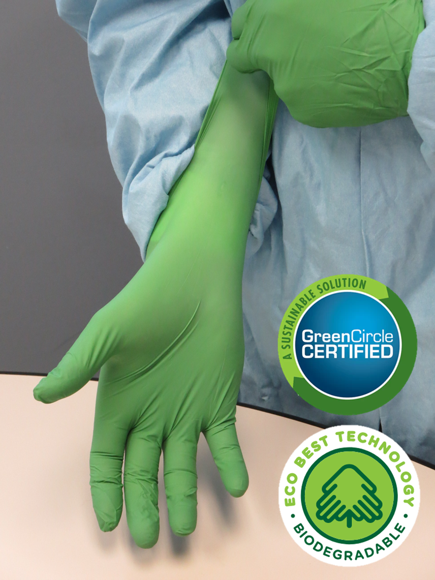 Showa® 6110PF Single-Use 4-mil Green Powder-Free Nitrile Gloves with EBT Eco-Best Technology® brings you the world's first biodegradable disposable nitrile glove. 