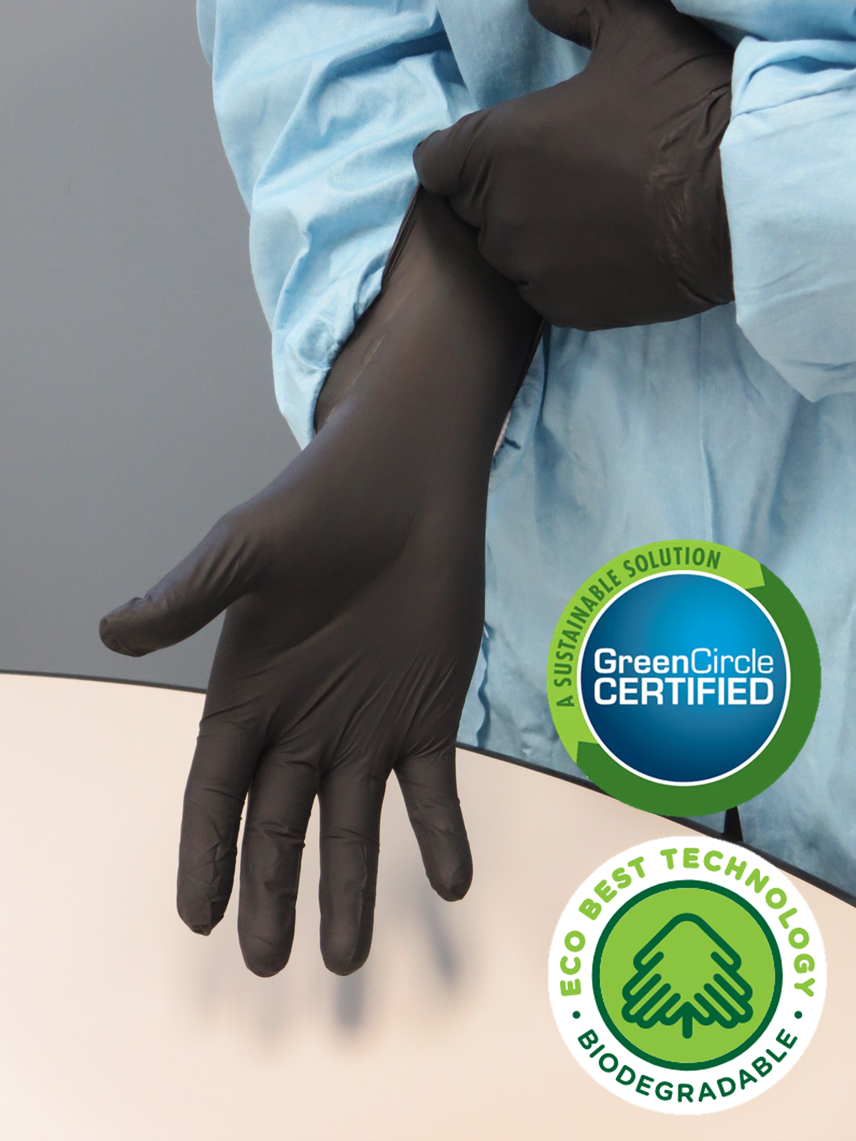 These GreenCircle® Certified accelerator-free sensitive skin Showa® 7700PFT Single-Use Powder-Free Latex-Free 4-mil Black Nitrile Gloves with EBT (Eco-Best Technology®) accelerated biodegradation decomposes 82% in 386 days.