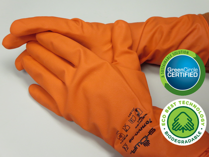 This unlined Hi-Vis orange Showa® 707HVO GreenCircle certified  9-mil reusable chemical-resistant nitrile glove with EBT (Eco-Best Technology®) is fully biodegradable and TAA compliant. 