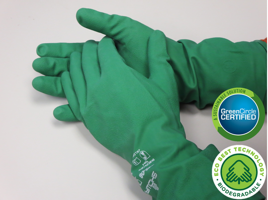 These GreenCircle certified TAA compliant Showa® 731 flocked-lined 15-mil thick nitrile gloves with EBT (Eco-Best Technology®) provide strong chemical-resistance against solvents and acids.