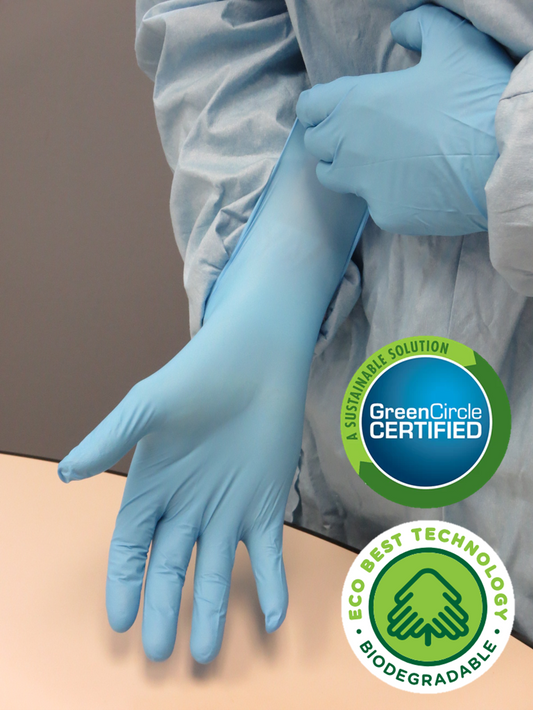 These skin-friendly GreenCircle® certified Showa® 7502PF Accelerator-Free Single-Use Latex-Free 2.5-mil Blue Nitrile Gloves with EBT (Eco-Best Technology®) comply with FDA regulations for safe food contact.