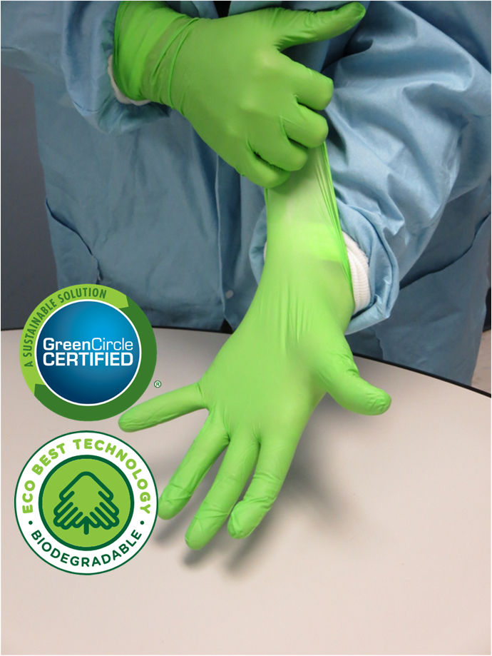 These skin-friendly GreenCircle® certified Showa® 7705PFT Accelerator-Free Hi-Viz Single-Use Latex-Free 4-mil Nitrile Gloves with EBT (Eco-Best Technology®) 