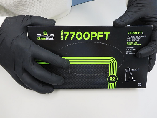 These GreenCircle® Certified accelerator-free sensitive skin Showa® 7700PFT Single-Use Powder-Free Latex-Free 4-mil Black Nitrile Gloves with EBT (Eco-Best Technology®) accelerated biodegradation decomposes 82% in 386 days.