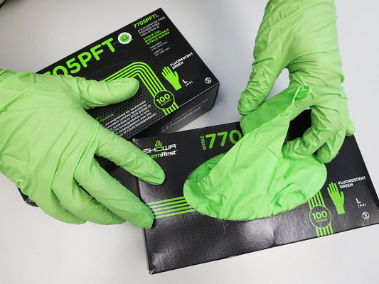 These skin-friendly GreenCircle® certified Showa® 7705PFT Accelerator-Free Hi-Viz Single-Use Latex-Free 4-mil Nitrile Gloves with EBT (Eco-Best Technology®) come in eco-dispenser boxes