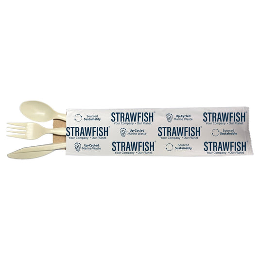 StrawFish® 7655004 4 piece cutlery kit includes knife, fork, spoon and napkin - Natural (200ct)