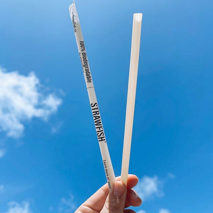 StrawFish wrapped and unwrapped natural straw with blue sky in background