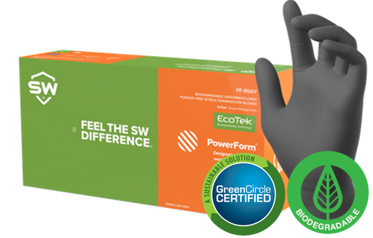 SW® Sustainable Solutions PF-95GY PowerForm® EcoTek® 8.2-mil Powder-Free Latex-Free GreenCircle Certified Biodegradable Gray Latex-Free Nitrile Exam Gloves feature DriTek® sweat management technology which is an absorbent lining that wicks away moisture to keep the hands dry and cool. EcoTek® biodegradable technology accelerates breakdown in landfills without any loss in performance. Protects against fatal toxins for 4 hours.