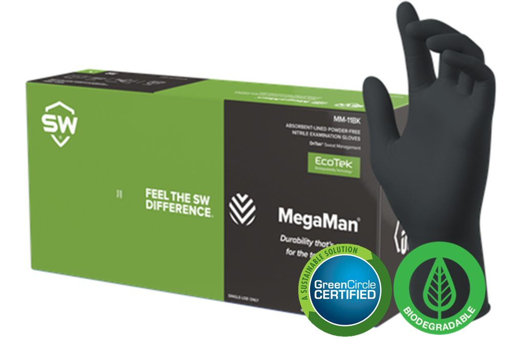 Better for the planet, SW® Sustainable Solutions MM-11BK MegaMan® EcoTek® DriTek® Biodegradable 10.1-mil Black Powder-Free Latex-Free Nitrile Exam Gloves pushes the boundaries of single-use hand protection performance, with new levels of abrasion resistance, sweat management, and comfort that deliver in exceedingly severe environments. Proven to resist dangerous fatal toxins and chemotherapy drugs.