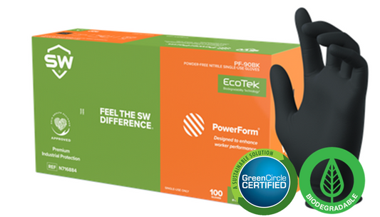 SW® Sustainable Solutions PF-95BK PowerForm® 5-mil Black Powder-Free Latex-Free Nitrile Exam Gloves feature GreenCircle Certified EcoTek® biodegradable technology for accelerated breakdown in landfills without any loss in performance.