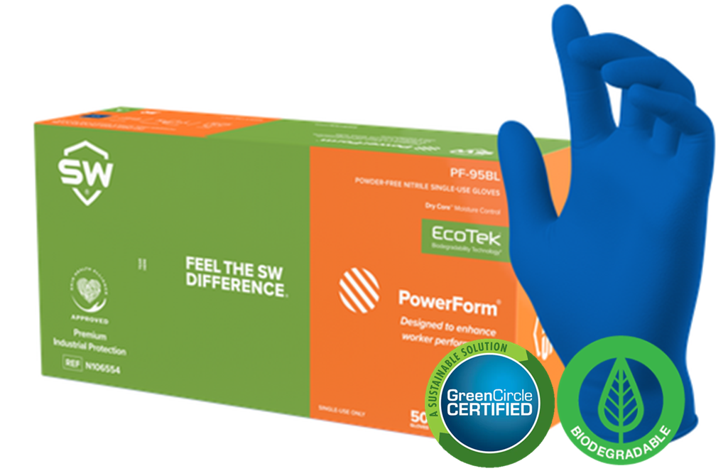 SW® Sustainable Solutions PF-95BL PowerForm® EcoTek® 6.9-mil Blue Powder-Free GreenCircle Certified Biodegradable Latex-Free Nitrile Exam Gloves feature Dry Core® moisture management technology that keeps the hands dry and cool by pulling sweat away from the skin.