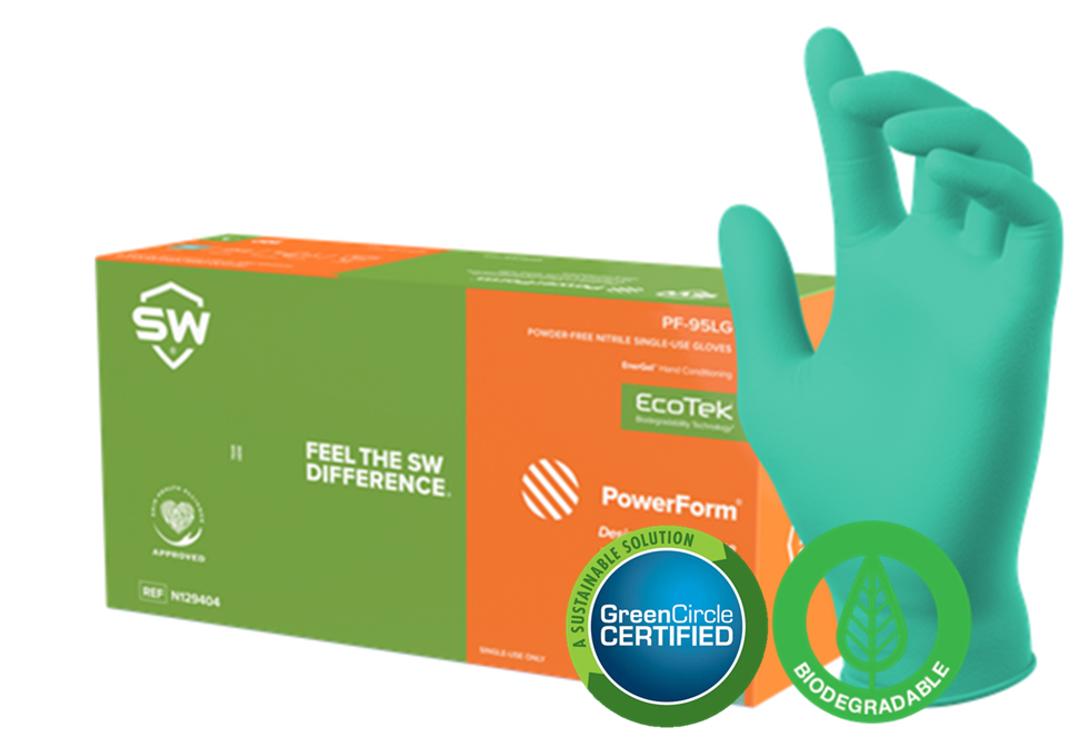  SW® Sustainability Solutions PF-95LG PowerForm® 5.9-mil Green Powder-Free Latex-Free Nitrile Exam Gloves feature GreenCircle Certified EcoTek® biodegradable technology for accelerated breakdown in landfills without any loss in performance plus patented EnerGel® Aloe Vera moisturizing technology for healthier hands.