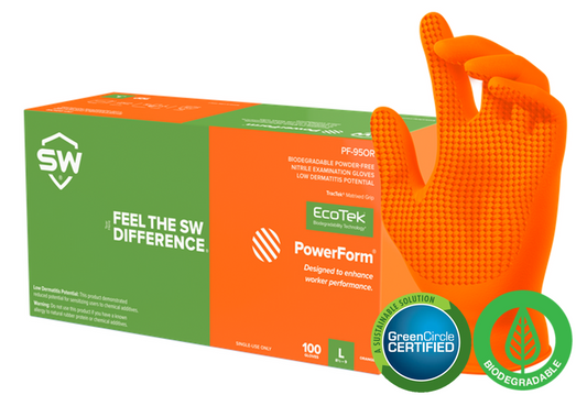 SW® Sustainable Solutions PF-95OR PowerForm® 5.9-mil Orange Powder-Free Latex-Free Nitrile Exam Gloves feature TracTek® Textured Grip and GreenCircle Certified EcoTek® biodegradable technology for accelerated breakdown in landfills without any loss in performance.