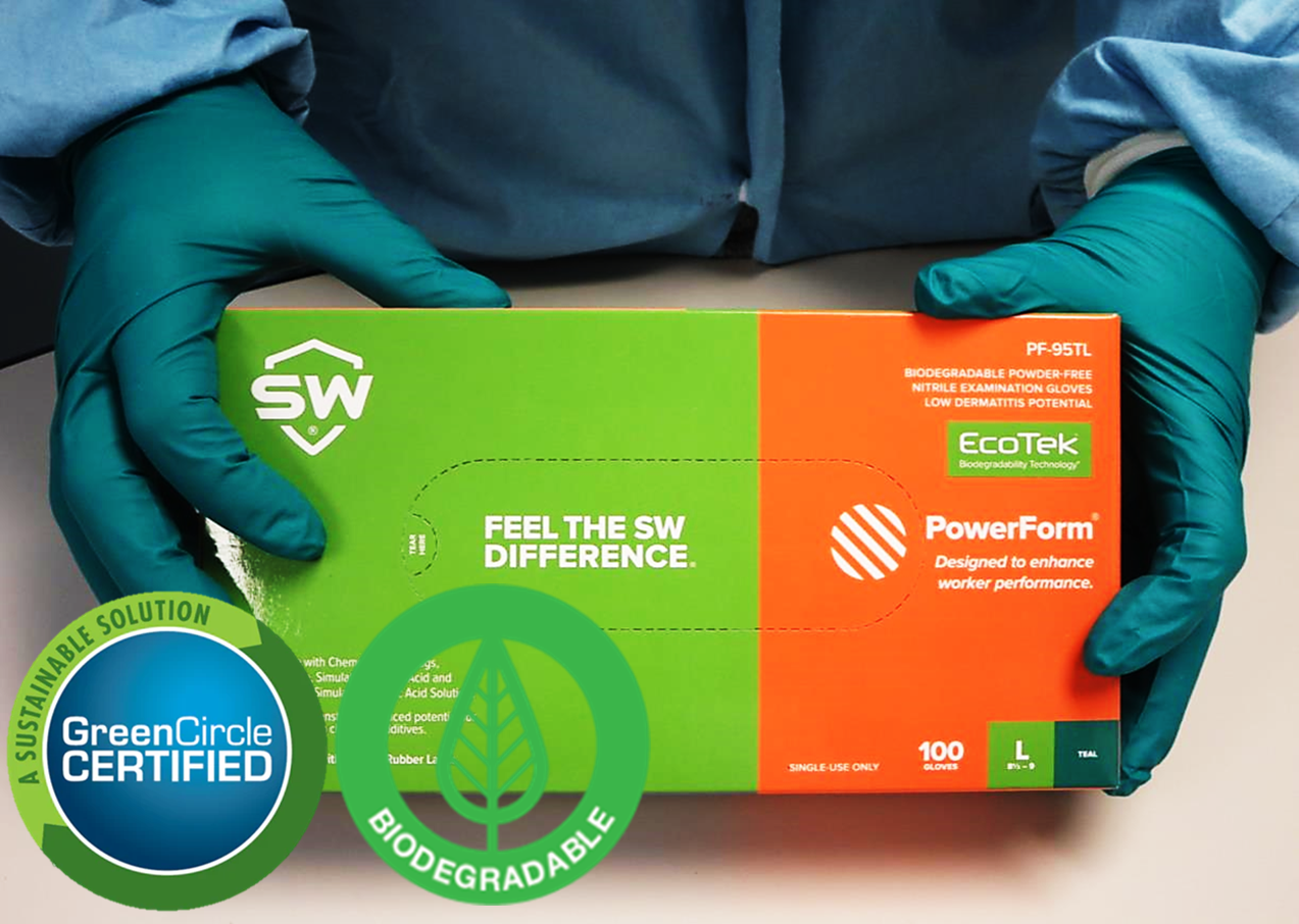 SW® Sustainable Solutions PF-95TL PowerForm® 5.8-mil Teal Green Powder-Free Latex-Free Nitrile Exam Gloves feature GreenCircle Certified EcoTek® biodegradable technology for accelerated breakdown in landfills without any loss in performance. Tested for use with chemotherapy drugs and fatal toxins.
