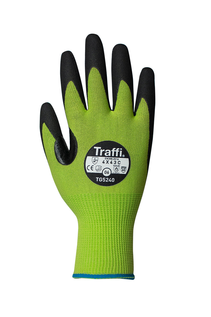 This Eco-friendly Traffi® TG5240 MicroDex LXT® Nitrile Coated Green 15-gauge Cut Level A3 Safety Gloves are Carbon Neutral Certified, repels water and oil while providing hot contact resistance.