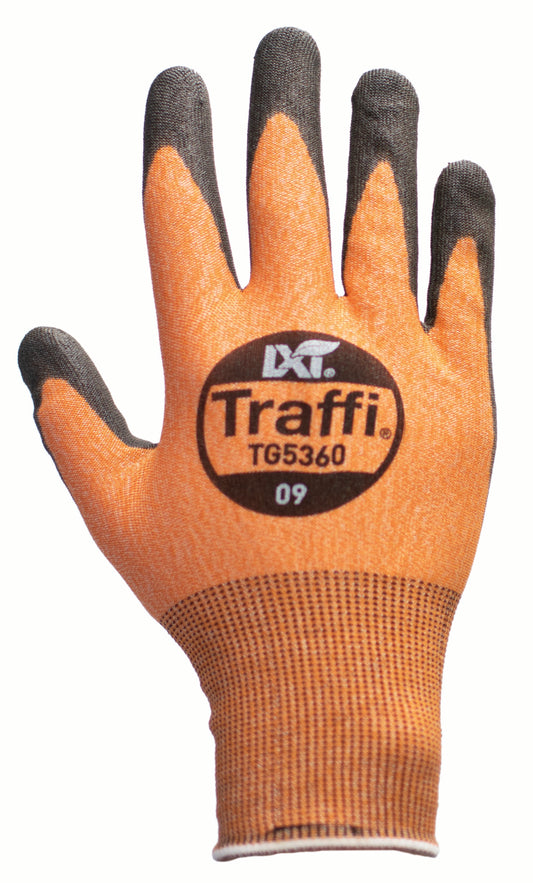 This Eco-friendly Traffi® TG5360 X-Dura LXT® Ultrafine Polyurethane Coated Orange 18-gauge Cut Level A3 Safety Gloves are Carbon Neutral Certified, repels water and oil while providing touchscreen compatibility. 